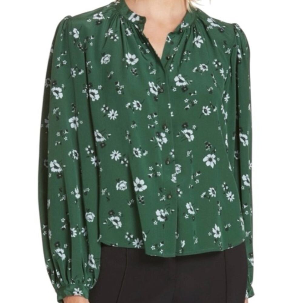 Veronica Beard Ashlynn Floral Silk Blouse Green Button Front Sz 4
